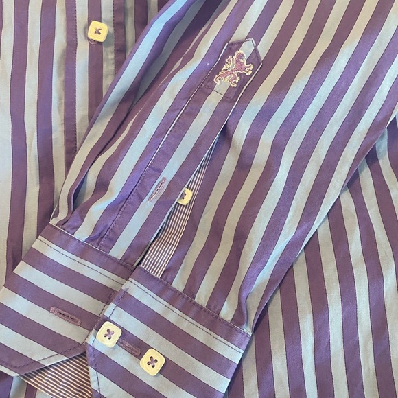 Mens Bugatchi button down shirt Purple blue stripes size large shape fit - Picture 3 of 11
